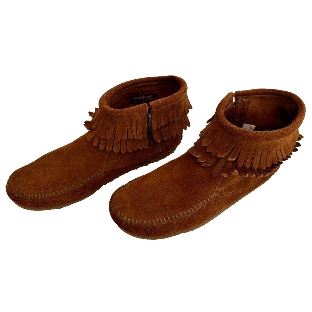 MINNETONKA Girls VTG Brown Double Fringe Moccasin Hard Sole Suede Boot Size 4